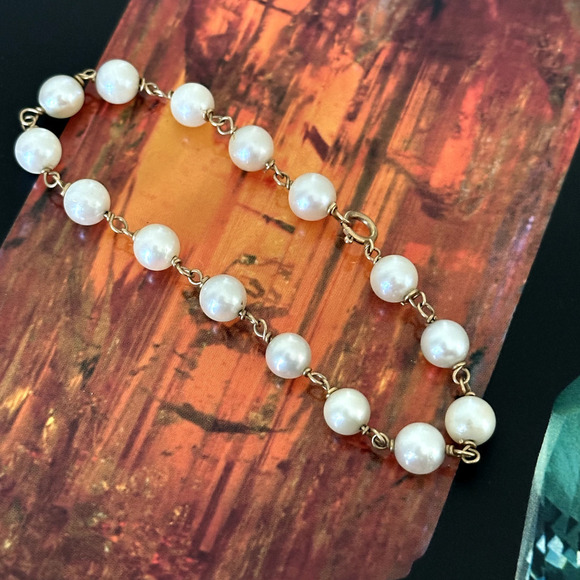 Vintage 14K Yellow Gold Genuine Pearl 6MM Cream Station Bracelet 6.5" - Picture 6 of 14